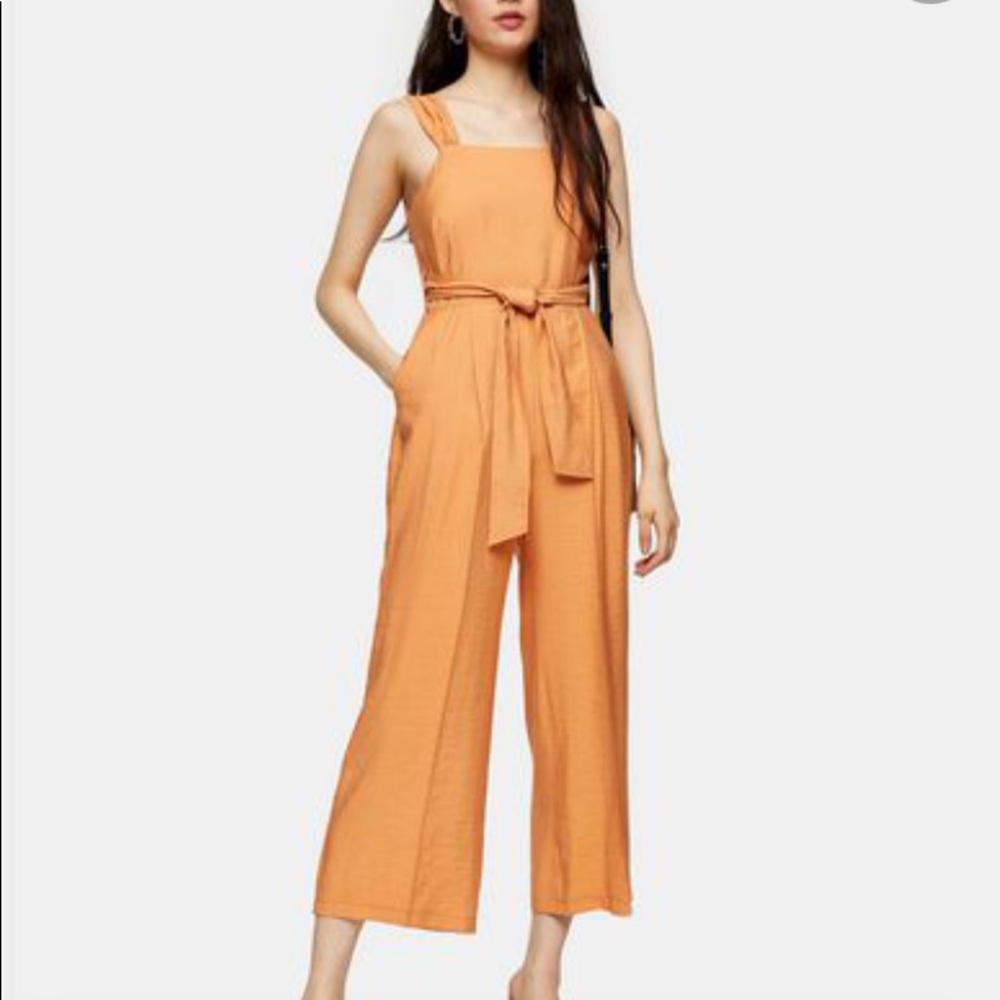 Linen jumpsuit with tie waist in apricot orange